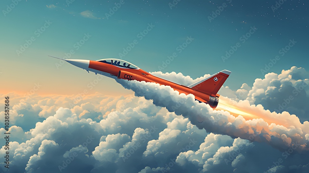 Wall mural An orange fighter jet flies through the clouds at sunset.