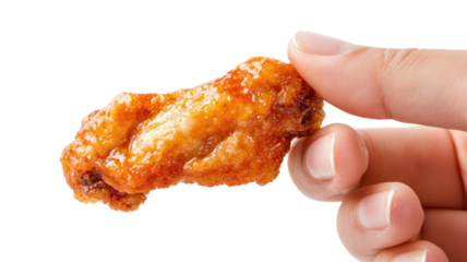 Crispy chicken wing held by hand, showcasing its golden brown texture and delicious glaze. Perfect for appetizers or game day snacks, this mouthwatering treat is sure to please