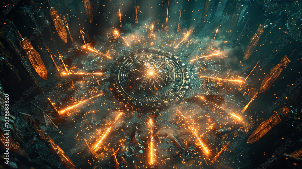 Poster glowing shields and swords arranged in a circle, their edges sparking with radiant energy, creating 