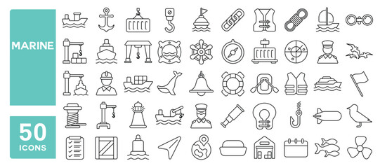 Set of 50 line icons related to marine, port, ship, boat, harbor, crane, pier, wharf, logistic, captain, shipyard, Editable stroke. Vector illustration