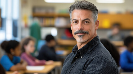 confident male teacher with mustache stands in classroom, engaging with students. His presence exudes authority and warmth, creating positive learning environment