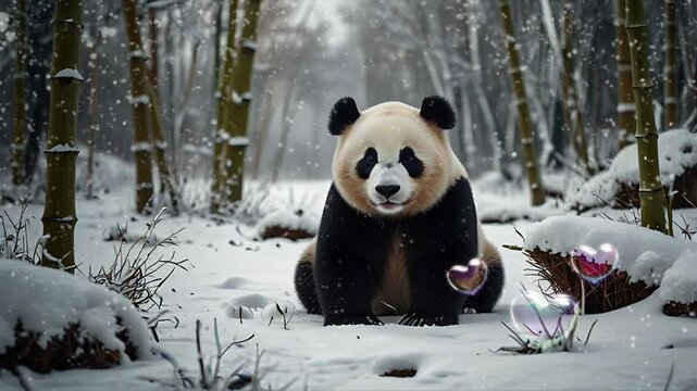 A panda is in the middle of a bamboo forest during winter. Seamless 4K looping timelapse video animation background