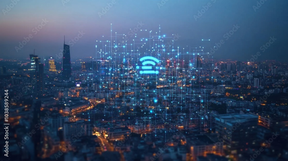 Poster mobile networks: visual representation of a 5g signal map covering a city