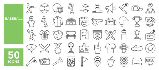 Set of 50 line icons related to baseball, bat, glove, helmet, ball, mask, catcher, batter, pitch, player, Editable stroke. Vector illustration