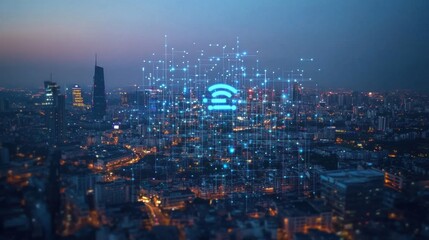 Fototapeta premium Mobile networks: Visual representation of a 5G signal map covering a city