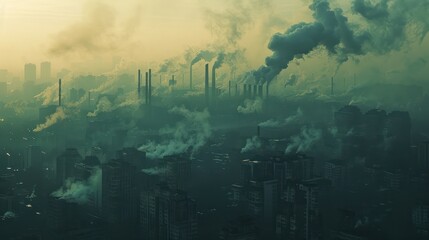 A cityscape covered in thick pollution, showcasing the impact of climate change on air quality in urban areas