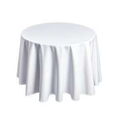 Round white table with smooth tablecloth draped over edges on transparent background