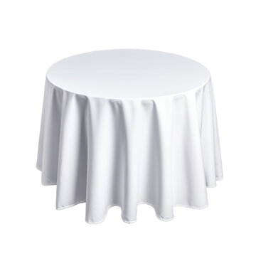 Round white table with smooth tablecloth draped over edges on transparent background