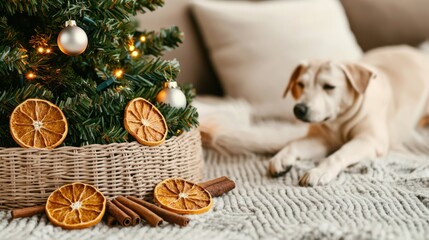 A cozy scene featuring a decorated Christmas tree, dried orange slices, cinnamon sticks, and a dog resting nearby.