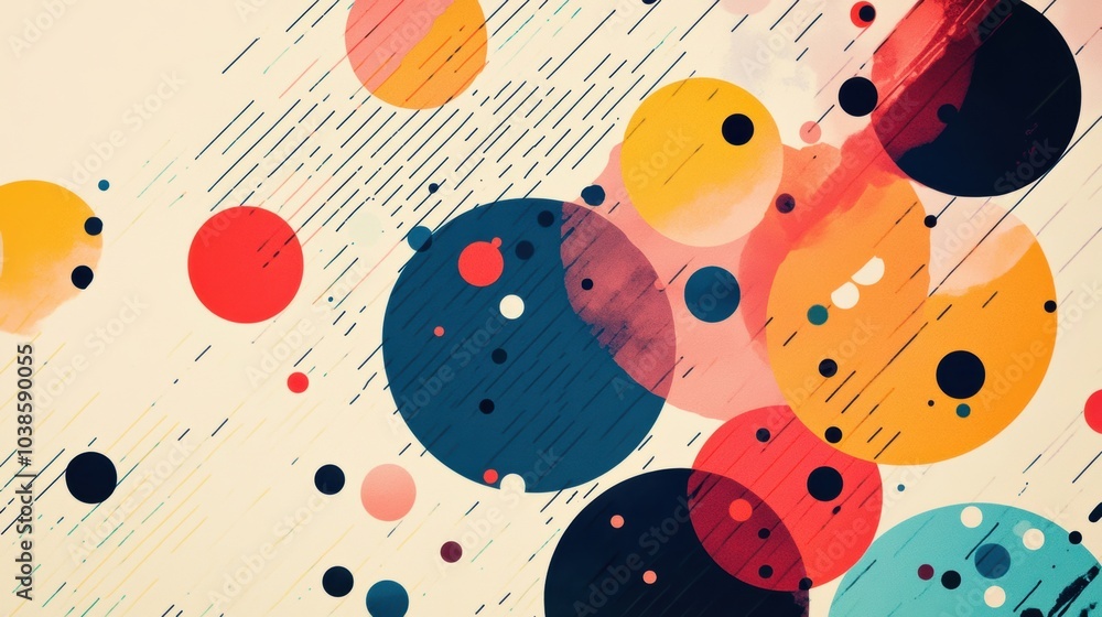 Poster Colorful circles of varying sizes are scattered diagonally across a grid, creating an engaging and dynamic abstract design. Generative AI