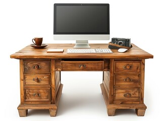 A classic wooden desk with a computer monitor, keyboard, and cup of tea isolated on white