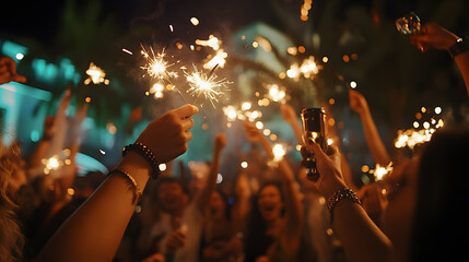 A photo of sparklers being held in the air, with a lively celebration as the background, during a New Year's Eve party