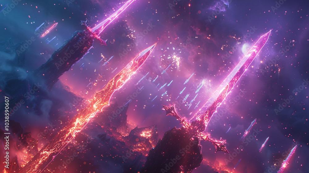 Poster radiant spears and swords crossed in intricate patterns, glowing with vibrant streams of energy that