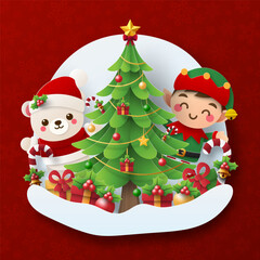 Christmas Greetings, Festive Friends, bear and elf by the Christmas Tree.