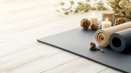 Yoga mats and accessories arranged neatly in a calm and peaceful environment, inviting relaxation and mindfulness