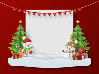 Merry Christmas and Happy New Year, Christmas banner postcard of Snowman, Christmas tree with blank space.