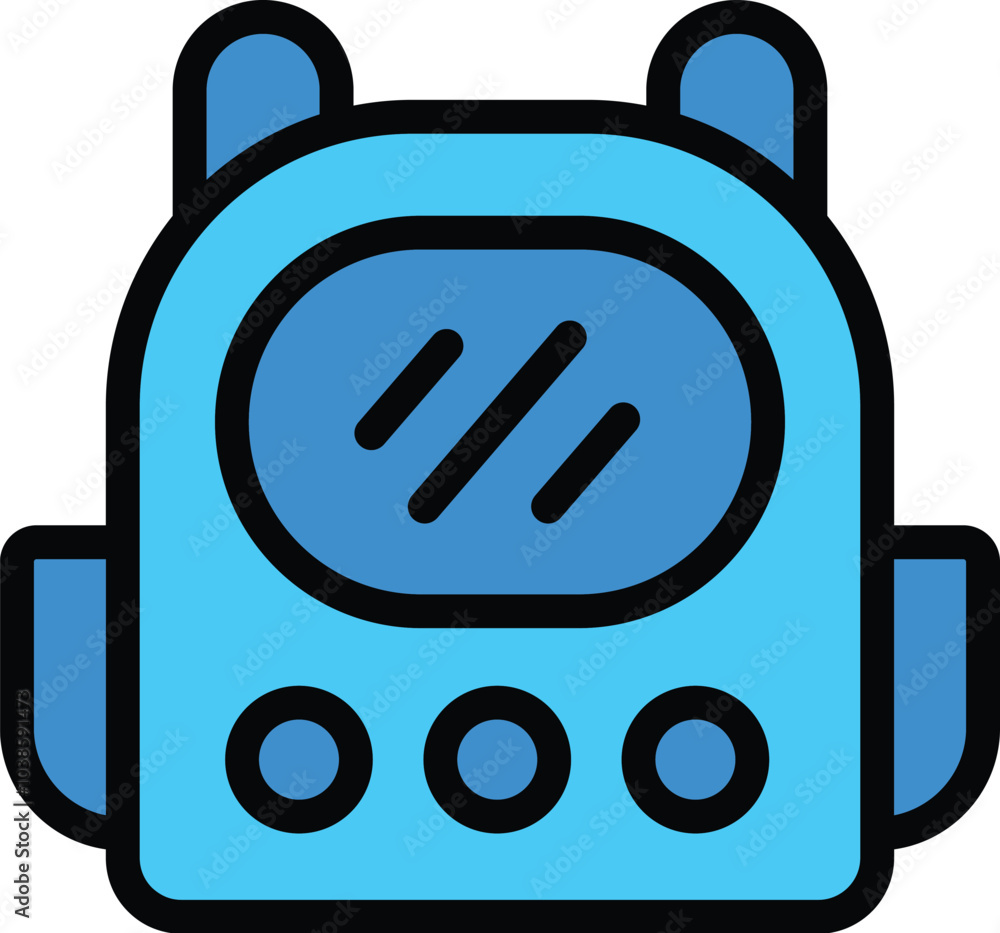 Poster cartoon character of a blue robot face with antennae and buttons smiling happily