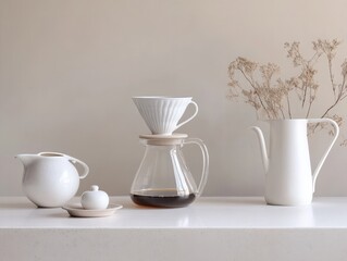 Obraz premium A minimalist pour-over setup with a glass carafe, a white ceramic dripper, and a gooseneck kettle, arranged on a clean, light-colored countertop, perfect for a simple and refined brewing process