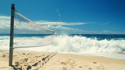 A spirited game of beach volleyball on sandy shores, Volleyball net set against a backdrop of crashing waves, Coastal sport style