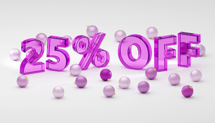 Inscription made by purple glass 25 percent on grey podium, soft light, smooth background, 3d rendering