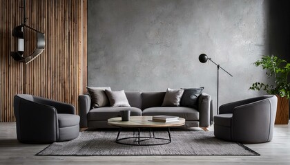 Stylish living room with grey sofa, modern coffee table on grey carpet and dark armchairs on wooden and concrete wall background. 3D rendering