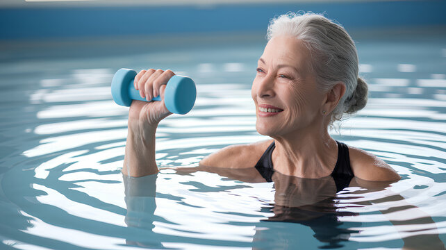 A female captured while performing aqua aerobic exercise, concept of staying healthy and fit