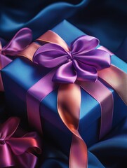 Brightly colored gift boxes with luxurious bows lie on deep fabric, creating an inviting atmosphere for any celebration or holiday gathering. Generative AI