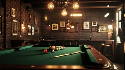 A billiard table in the bar with dim lighting, a stock photography photo, a dark room