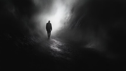 A lone figure walks down a dimly lit path enveloped in mist, creating a mysterious and atmospheric scene. The figure is silhouetted against a bright light source emerging from a foggy background, sugg