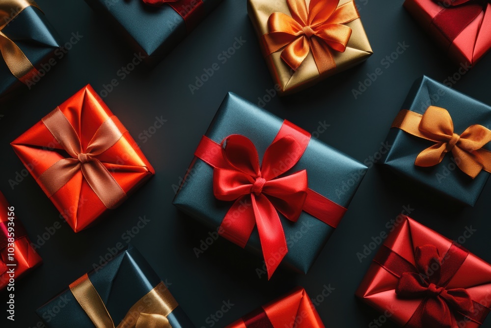 Aufkleber a colorful assortment of gift boxes with bright bows is artfully arranged, creating a joyful atmosph