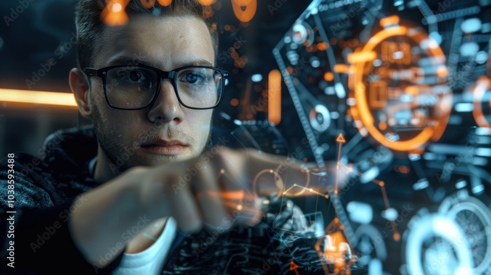 Poster man interacting with holographic interface