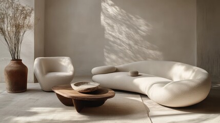 Sofa, a curved sofa with two armchairs in the living room interior of a modern home decor, featuring a fluffy white fabric texture and a neutral color scheme.