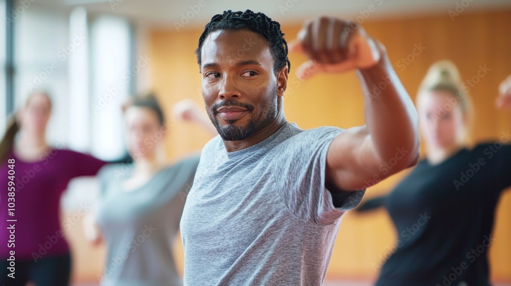 Poster a fitness instructor demonstrating proper exercise techniques during a class, emphasizing safety and