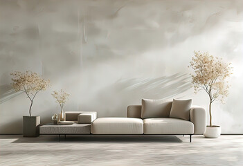 mockup of grunge plaster on gypsum wall, background with copy space. Minimalist interior design of modern living room
