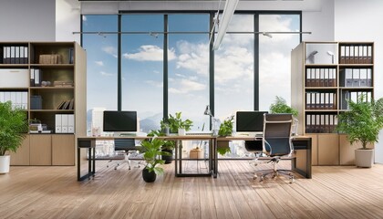 An modern office interior with desks, chairs, computers, shelves, decorative plants, and large windows, on a wood floor background, concept of a corporate workplace. 3D Rendering