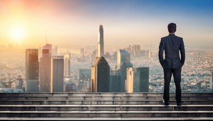 Back view of businessman standing on stairs on blurry city background. Success and growth concept.