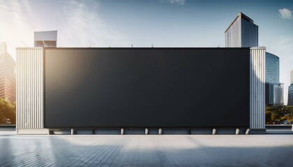 Obraz premium Big black billboard with copyspace for your logo on modern industrial business building wall on sunny city background. 3D rendering, mockup