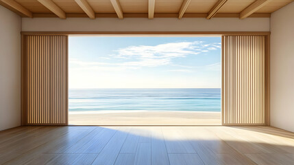 Obraz premium Minimalist Room with Ocean View through Sliding Doors