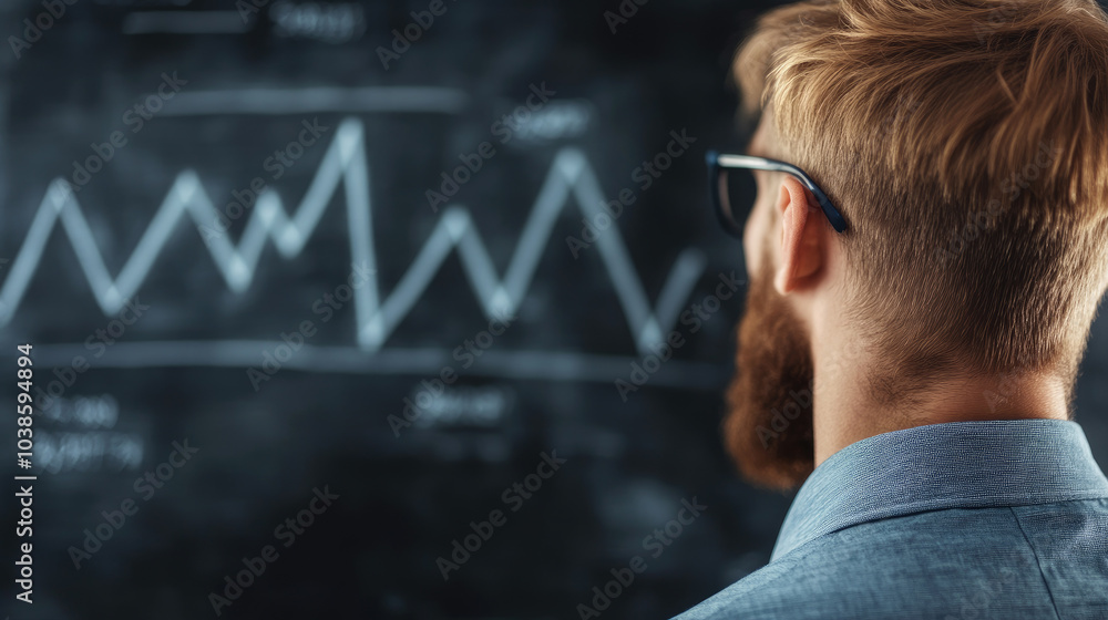 Poster business professional analyzing trends and goals in front of a chalkboard filled with graphs and dat