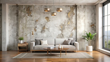 mockup of grunge plaster on gypsum wall, background with copy space. Minimalist interior design of modern living room