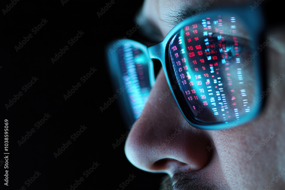 Poster businessman in glasses intently reviewing data on a digital display, focused on insights and analyti