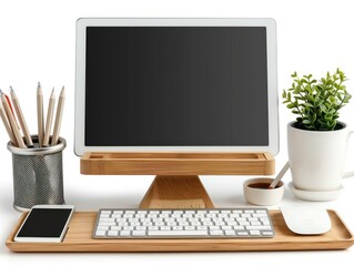 Fototapeta premium A clean office desk setup with a tablet, pen holder, and wireless keyboard isolated on white
