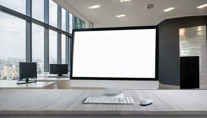 Clean office interior room with computer and blank