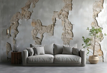 mockup of grunge plaster on gypsum wall, background with copy space. Minimalist interior design of modern living room