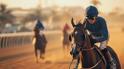 Obraz premium Saudi Cup Horse Racing Preparation, horses dressed in racing gear, trainers and jockeys preparing in the paddock, magnificent race track with large grandstands in the distance, Ai generated images