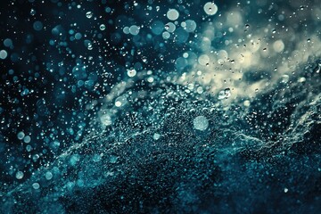Water splash with droplets and bubbles against a dark background.