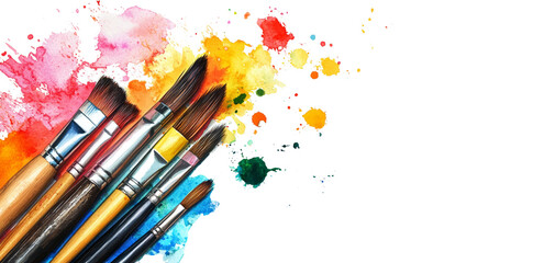 Watercolor painting of various colorful art brushes on a white background with copy space, top view.