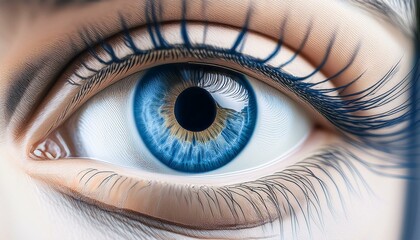 Fototapeta premium Close-up photo of a human eye with blue iris on a light background, reflecting a concept of beauty and detail. Generative AI