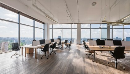 Contemporary bright coworking office interior with wooden flooring, panoramic windows and city view, furniture and equipment. 3D Rendering.
