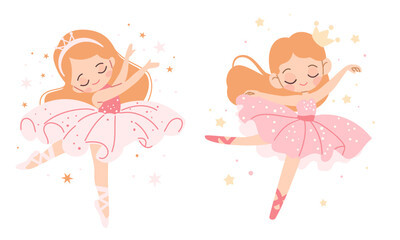 Flat vector illustration in children's style. Two cute ballerinas in pink dresses dancing, around the stars. Vector illustration